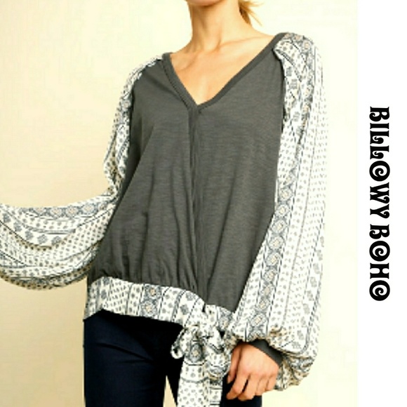 Boho Billow Sleeve Faux Wrap V Neck Blouse - Picture 1 of 7
